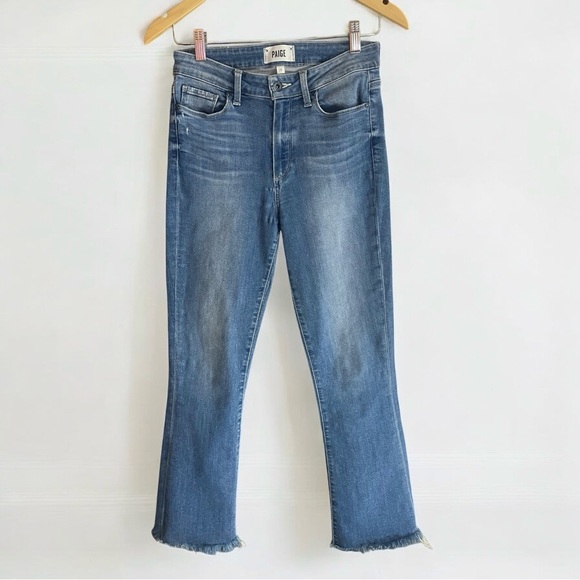 Paige Colette Crop Flare Distressed Blue Jeans w Raw Hem - Picture 3 of 16